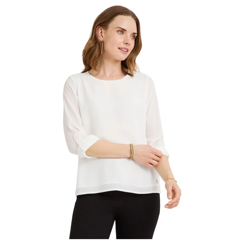 BLUSA LISA ESCOTE REDONDO MANGA ROLL UP BLANCO - 1