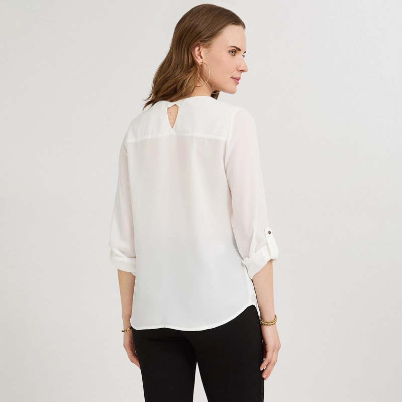BLUSA LISA ESCOTE REDONDO MANGA ROLL UP BLANCO - 2
