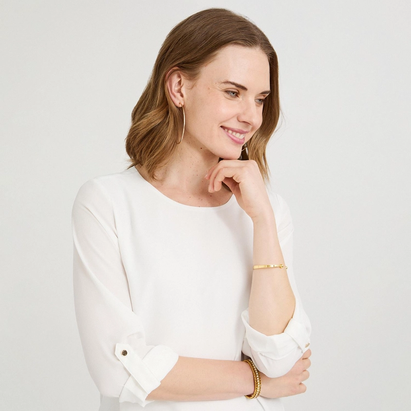 BLUSA LISA ESCOTE REDONDO MANGA ROLL UP BLANCO - 3