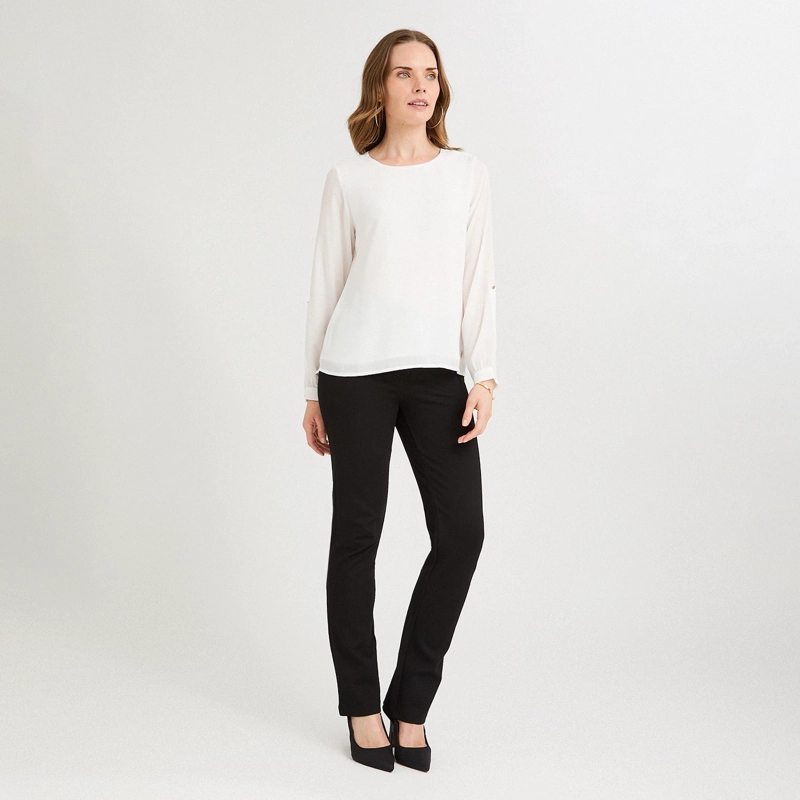 BLUSA LISA ESCOTE REDONDO MANGA ROLL UP BLANCO - 4