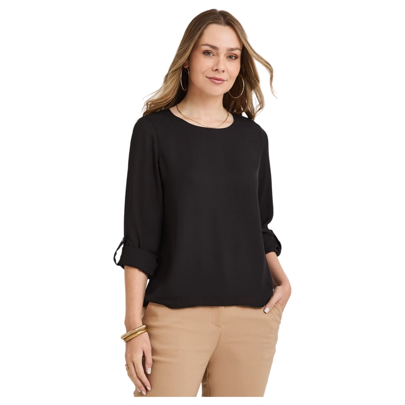 BLUSA LISA ESCOTE REDONDO MANGA ROLL UP NEGRO - 1