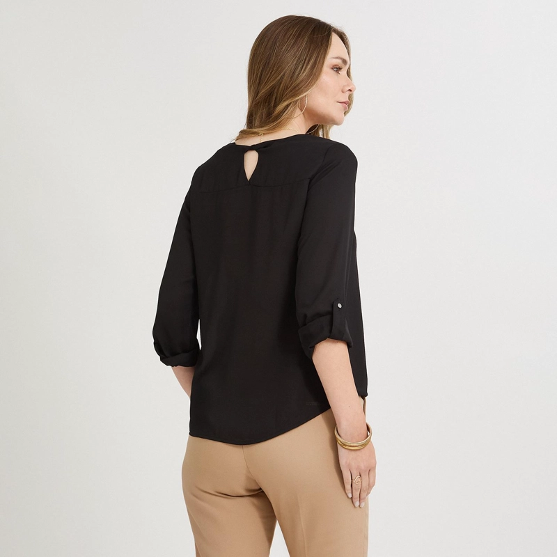 BLUSA LISA ESCOTE REDONDO MANGA ROLL UP NEGRO - 2