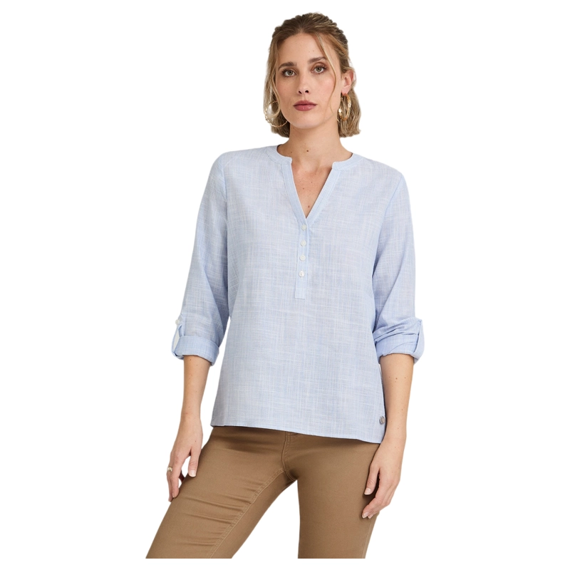 BLUSA LOOK LINO MANGA ROLL UP ESCOTE MAO CELESTE - 1
