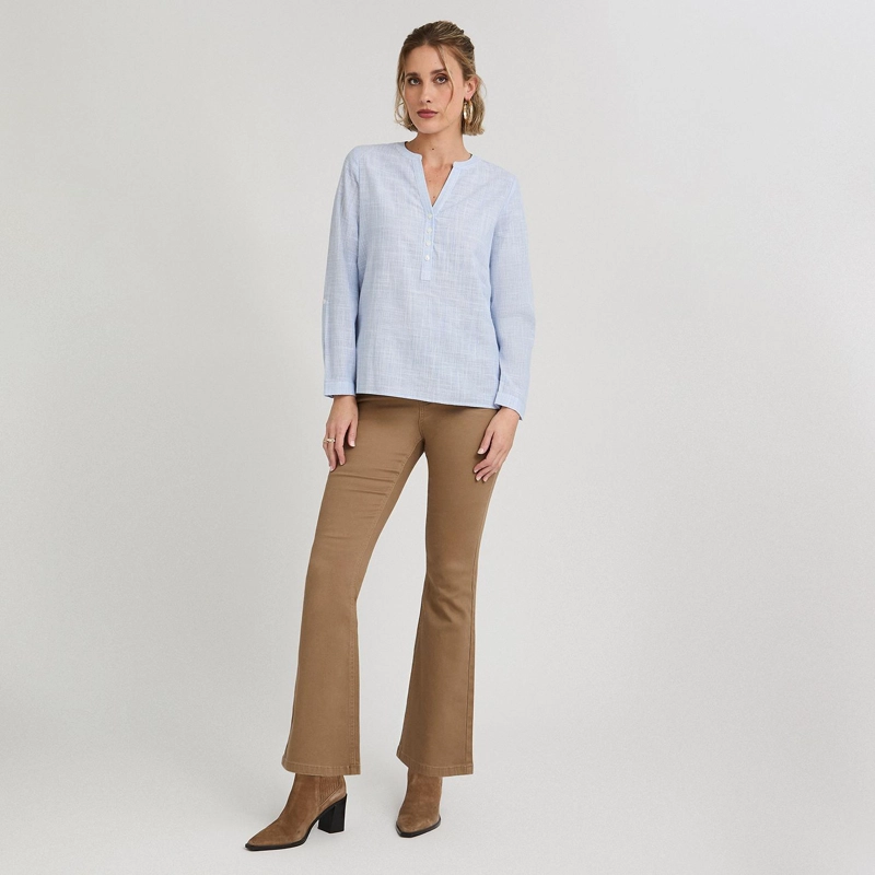 BLUSA LOOK LINO MANGA ROLL UP ESCOTE MAO CELESTE - 4