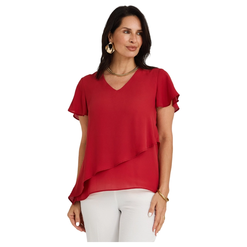 BLUSA ESCOTE V CON CAPAS ROJO - 1