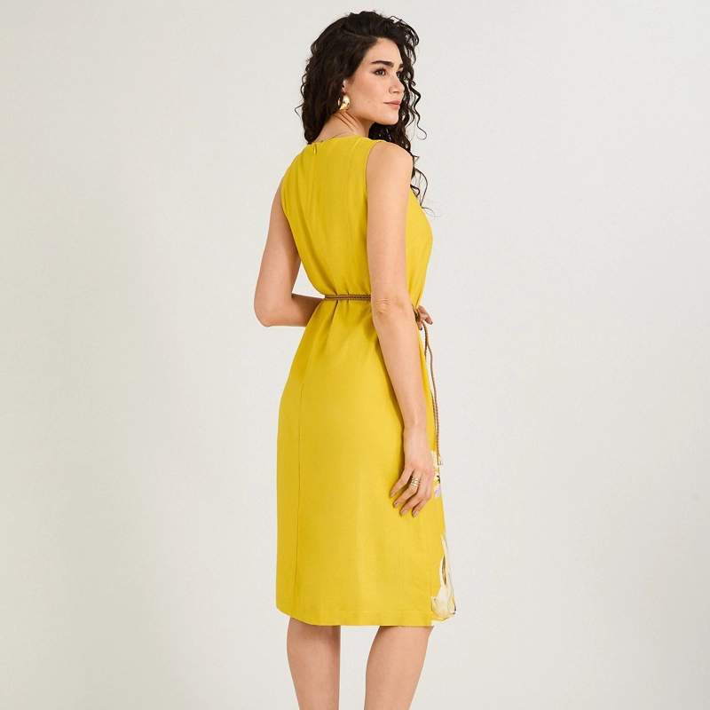 VESTIDO MIDI DE LINO SIN MANGAS CON ESTAMPADO LOCALIZADO AMARILLO - 1