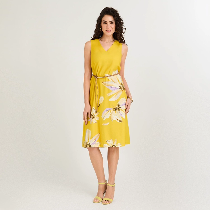 VESTIDO MIDI DE LINO SIN MANGAS CON ESTAMPADO LOCALIZADO AMARILLO - 3