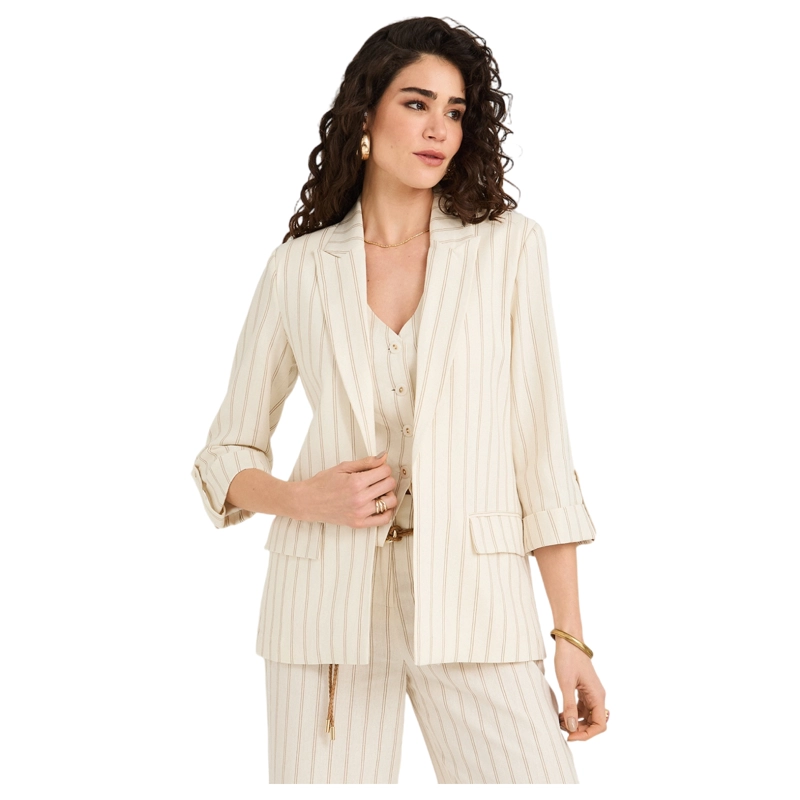 BLAZER LISTADO DE LINO MANGA 3/4 BEIGE - 1