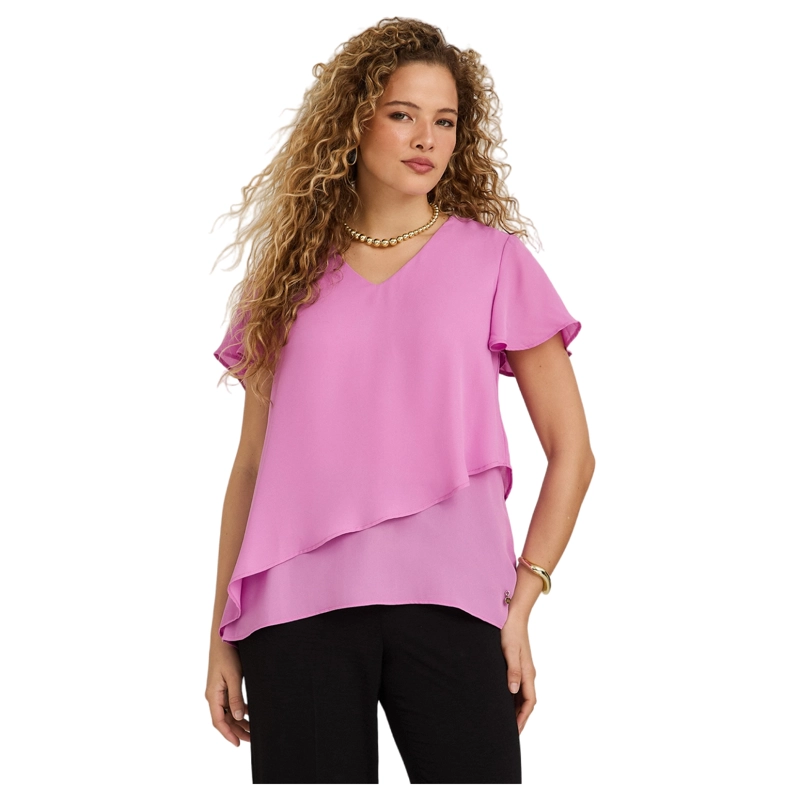 BLUSA ESCOTE V CON CAPAS ROSADO - 1