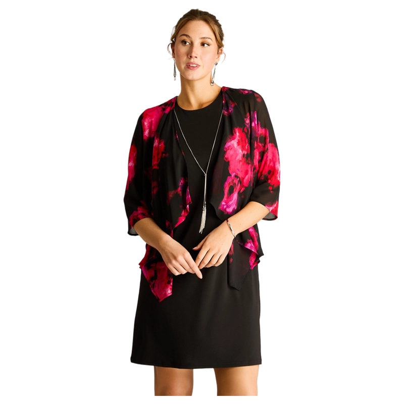 VESTIDO CORTO NEGRO CON CAPA ESTAMPADA FIESTA FLORAL - 1