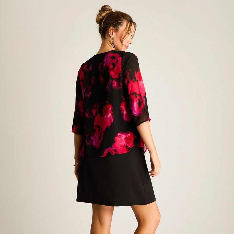 VESTIDO CORTO NEGRO CON CAPA ESTAMPADA FIESTA FLORAL - 2