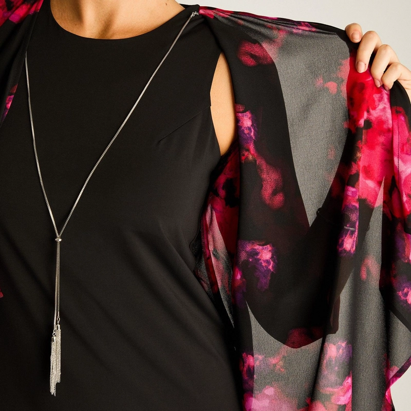 VESTIDO CORTO NEGRO CON CAPA ESTAMPADA FIESTA FLORAL - 3