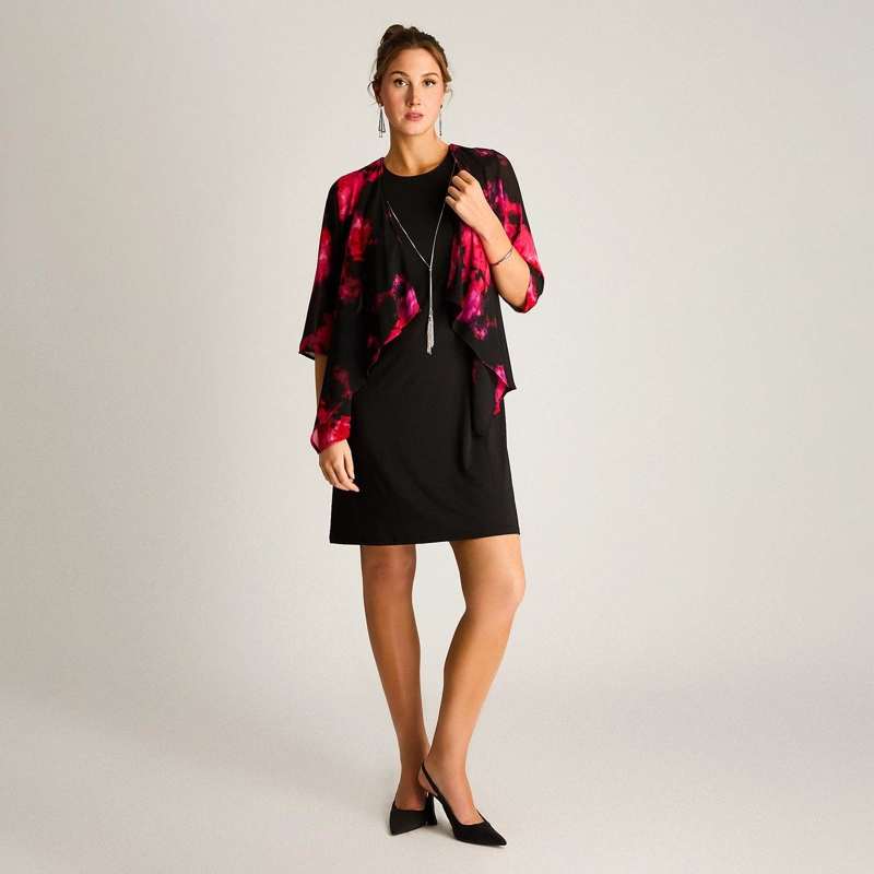 VESTIDO CORTO NEGRO CON CAPA ESTAMPADA FIESTA FLORAL - 4