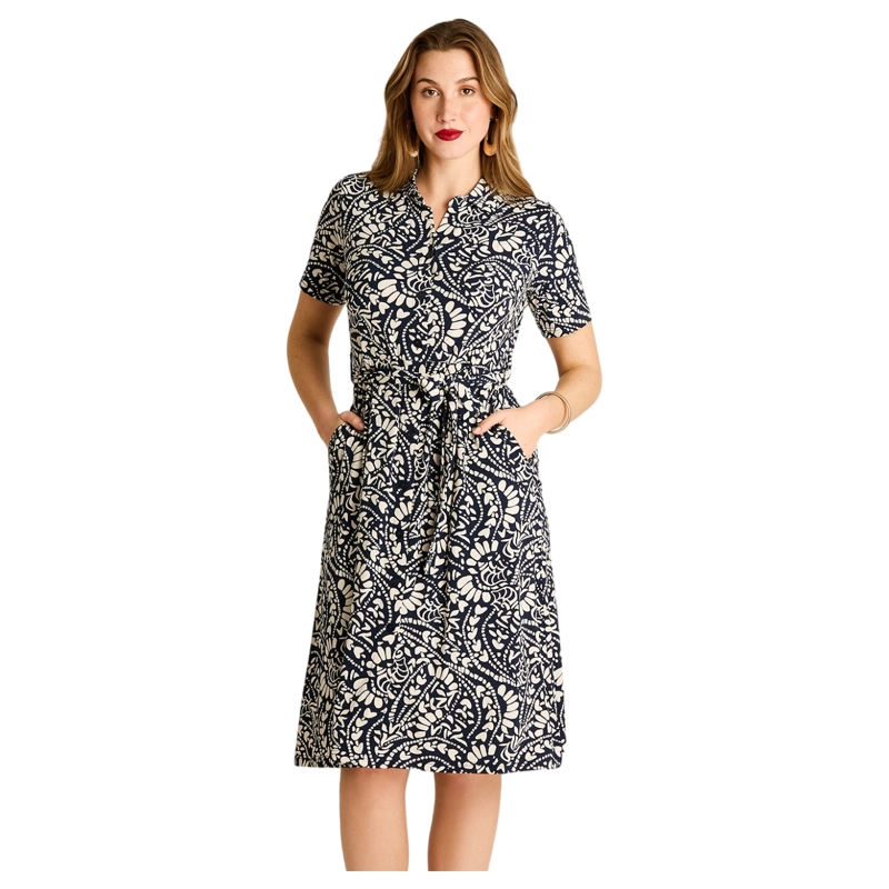 VESTIDO MIDI AZUL ESTAMPADO CON BOLSILLOS - 1