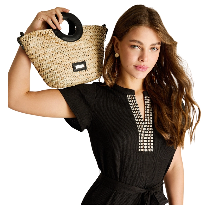 CARTERA DE RAFFIA CON ASAS CIRCULARES NEGRAS - 1