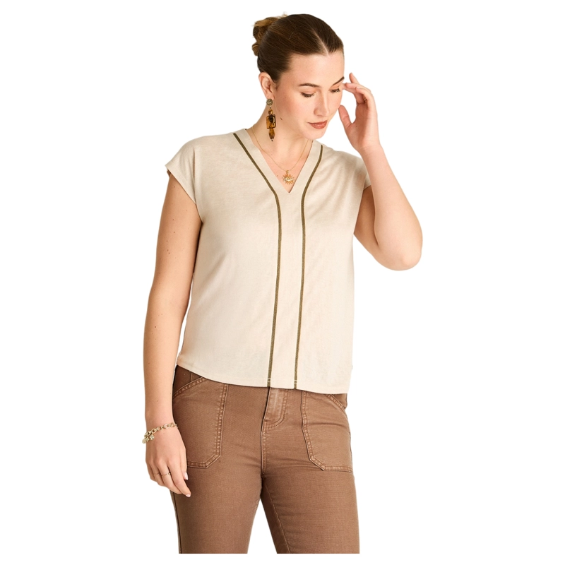 POLERA CUELLO V MANGA CORTA CON CORTE DELANTERO Y APLICACION Blanco XS