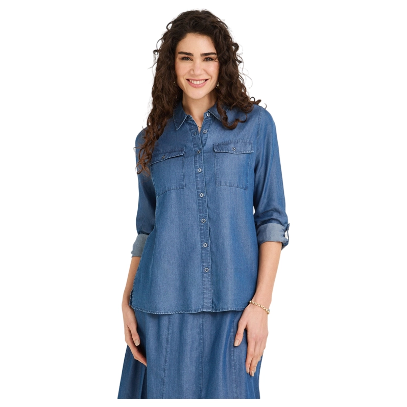 BLUSA LYOCELL MANGA LARGA ROLL UP AZUL - 1