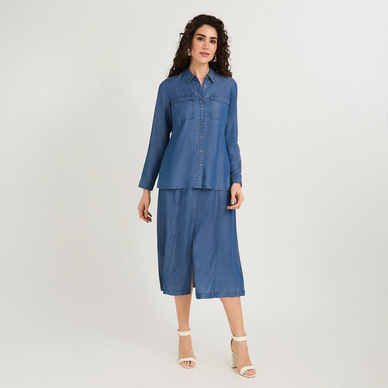 BLUSA LYOCELL MANGA LARGA ROLL UP AZUL - 4