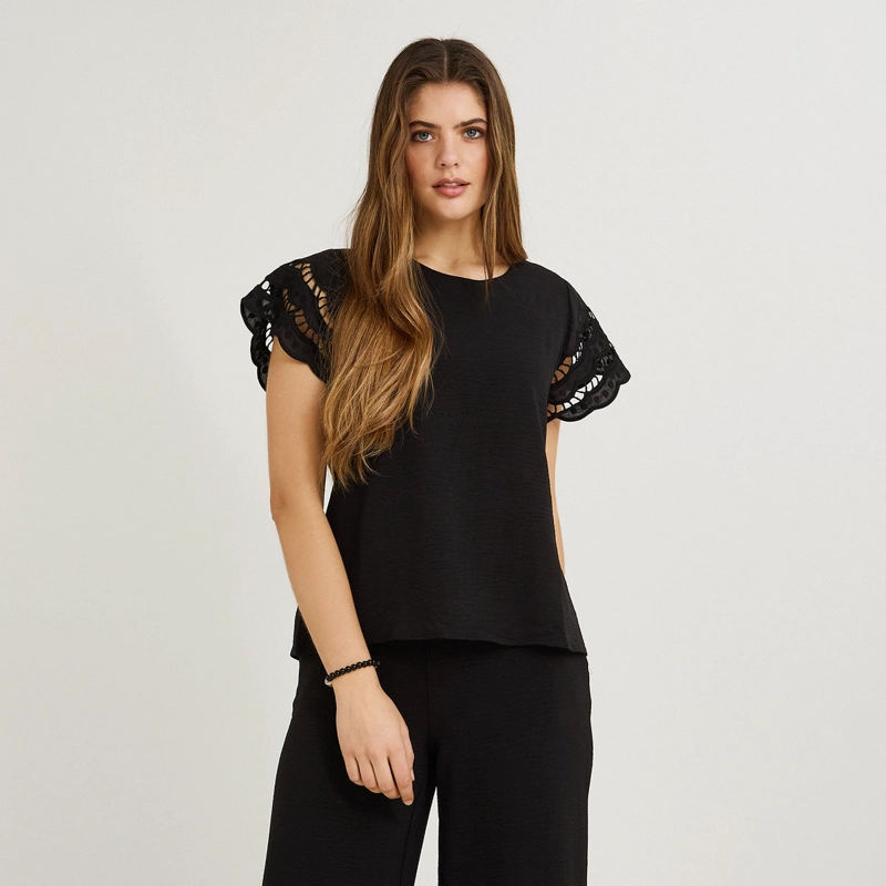 BLUSA MANGA BRODERIE LISA NEGRO - 1