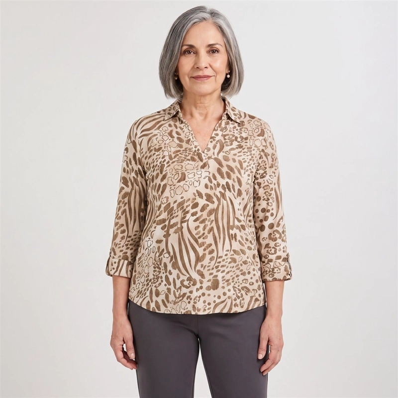 POLERA MANGA 3/4 CUELLO CAMISERO ESTAMPADA BEIGE - 5