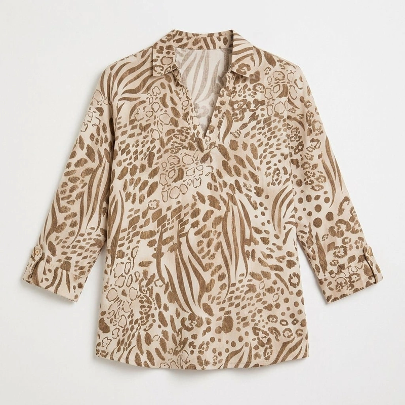 POLERA MANGA 3/4 CUELLO CAMISERO ESTAMPADA BEIGE - 6
