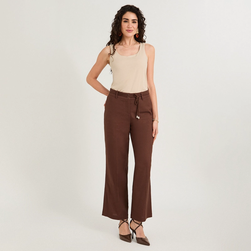 PANTALON FORMAL DE LINO PALAZZO CAFE - 4
