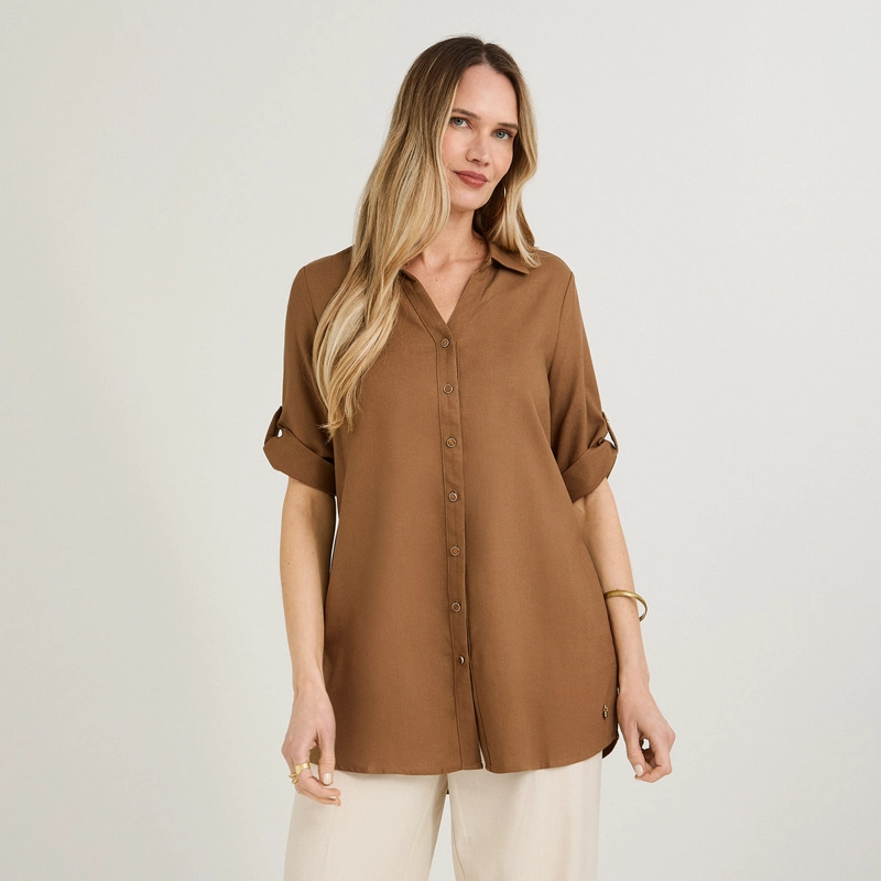 BLUSA BLUSON DE LINO MANGA ROLL UP LISO TAUPE - 1