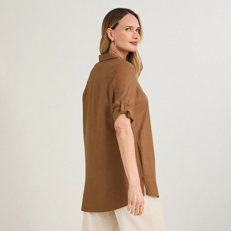 BLUSA BLUSON DE LINO MANGA ROLL UP LISO TAUPE - 2