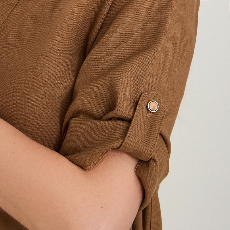 BLUSA BLUSON DE LINO MANGA ROLL UP LISO TAUPE - 3