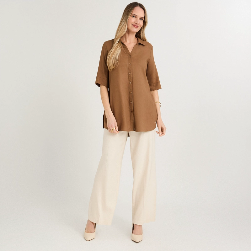 BLUSA BLUSON DE LINO MANGA ROLL UP LISO TAUPE - 4
