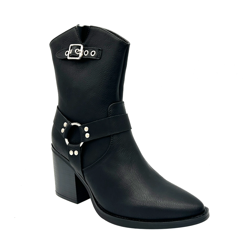 BOTA COWBOY PARA MUJER COLOR NEGRO CON HEBILLA Y AROS METALICOS DANICOLLE - 1