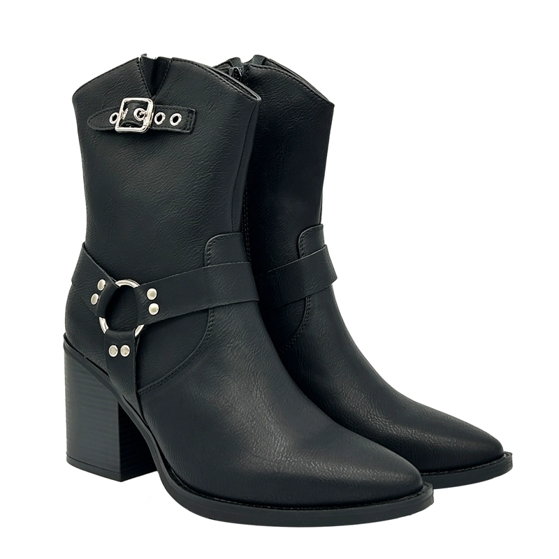 BOTA COWBOY PARA MUJER COLOR NEGRO CON HEBILLA Y AROS METALICOS DANICOLLE - 2
