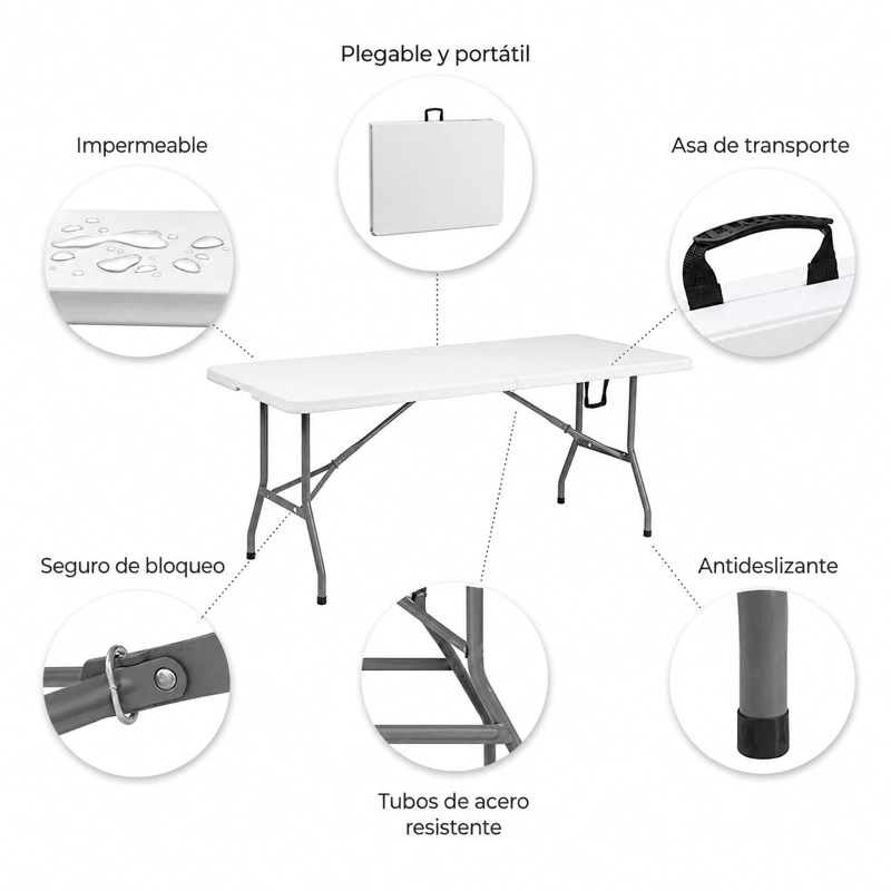 MESA PLEGABLE CAMPING 180X75 CM BLANCA HDPE REFORZADA CON ESTRUCTURA DE ACERO - 2