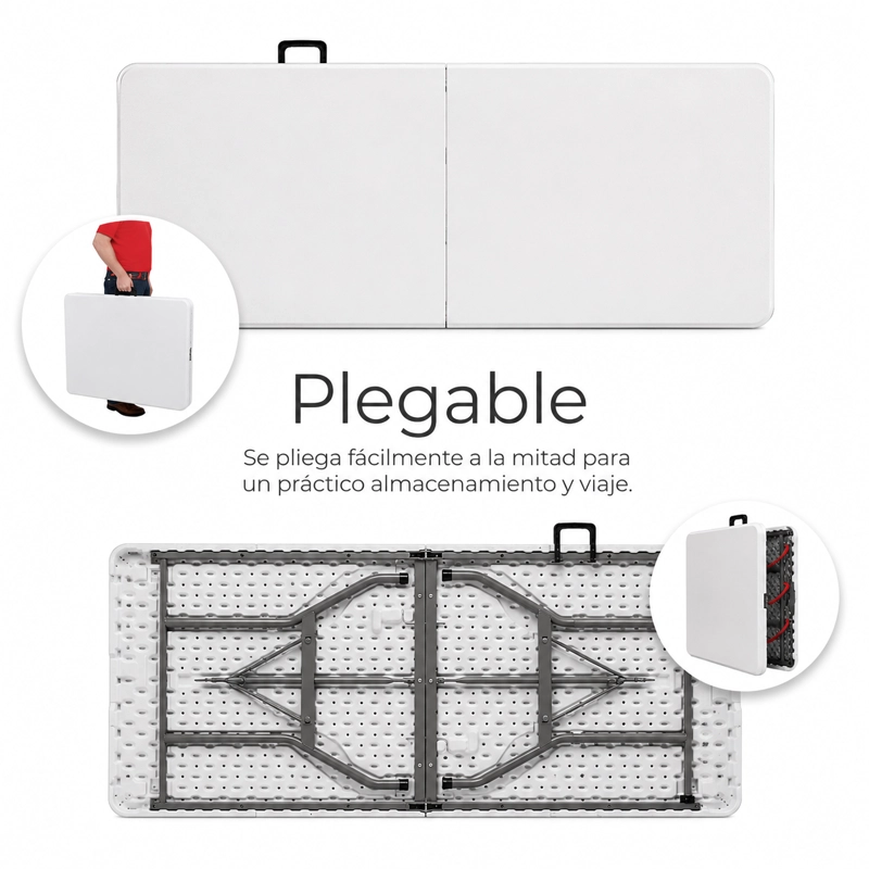 MESA PLEGABLE CAMPING 180X75 CM BLANCA HDPE REFORZADA CON ESTRUCTURA DE ACERO - 3