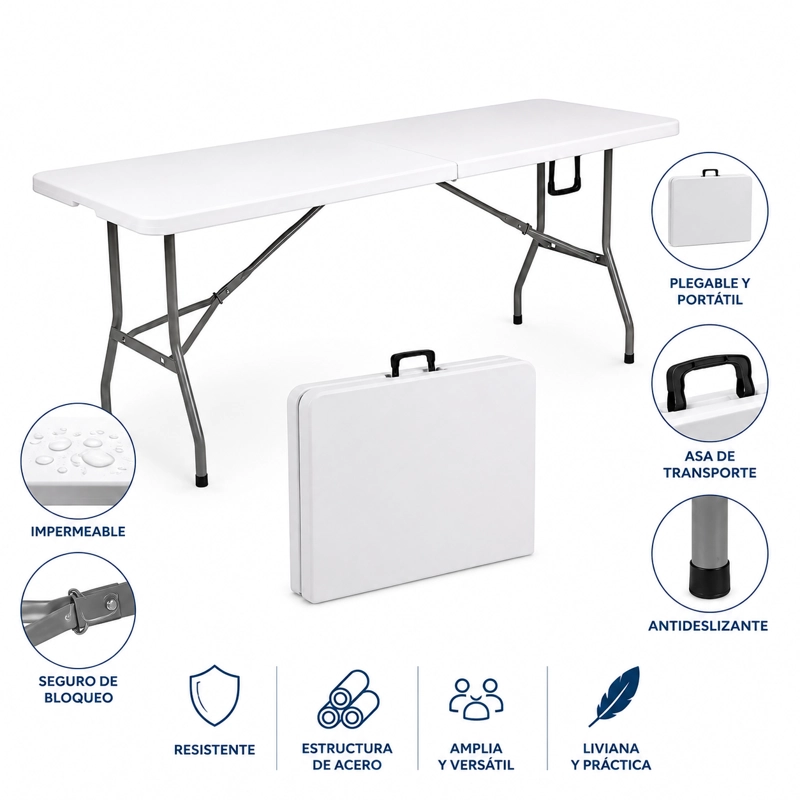 MESA PLEGABLE CAMPING 180X75 CM BLANCA HDPE REFORZADA CON ESTRUCTURA DE ACERO - 4