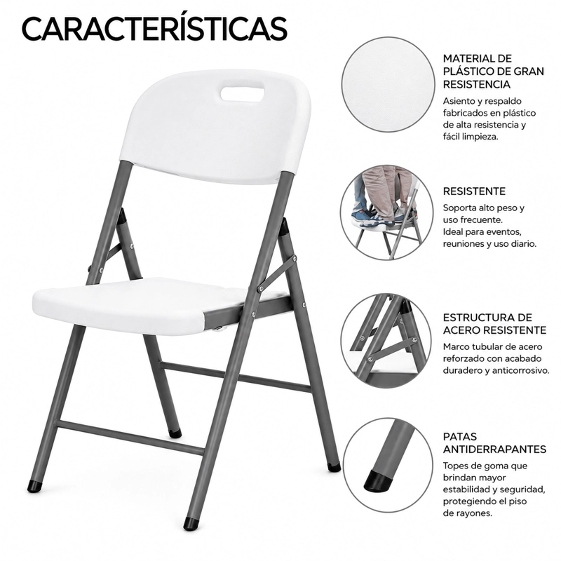 SET 4 SILLAS PLEGABLES PARA EVENTOS BLANCA HDPE REFORZADA CON ESTRUCTURA DE ACERO - 2