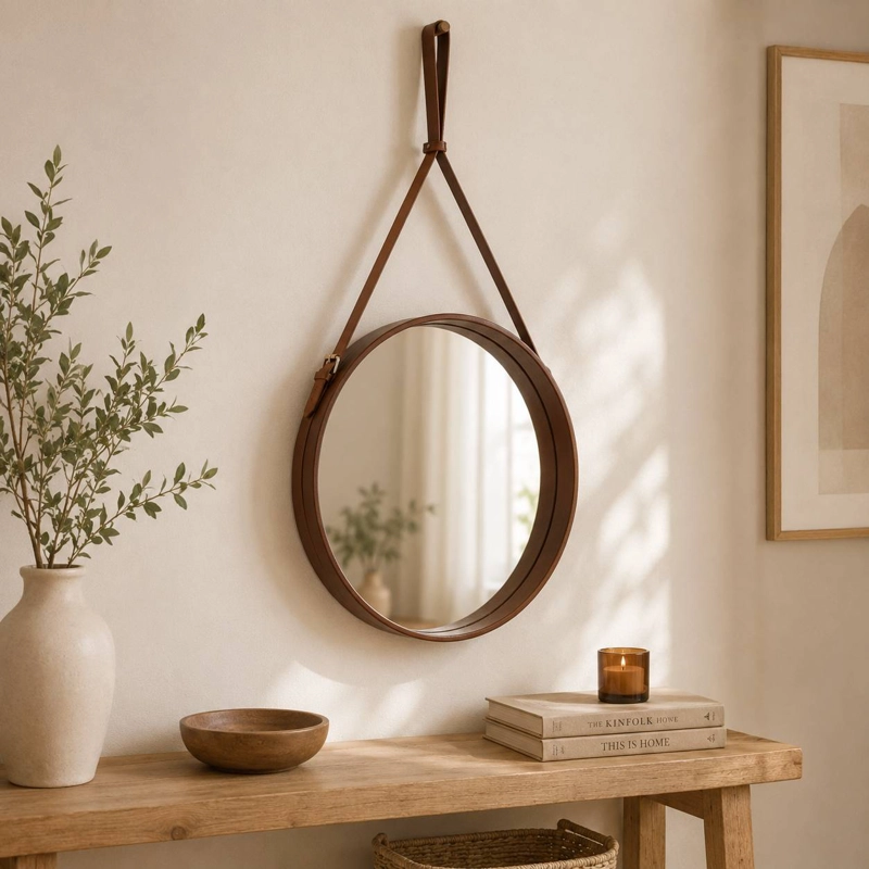 ESPEJO COLGANTE CIRCULAR CUERO NATURAL 54 CM - 1