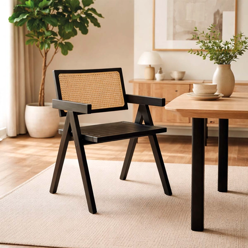 SILLA AURORA PLUS CON APOYABRAZOS EN MADERA DE FRESNO NEGRA Y RESPALDO DE RATAN NATURAL - 1