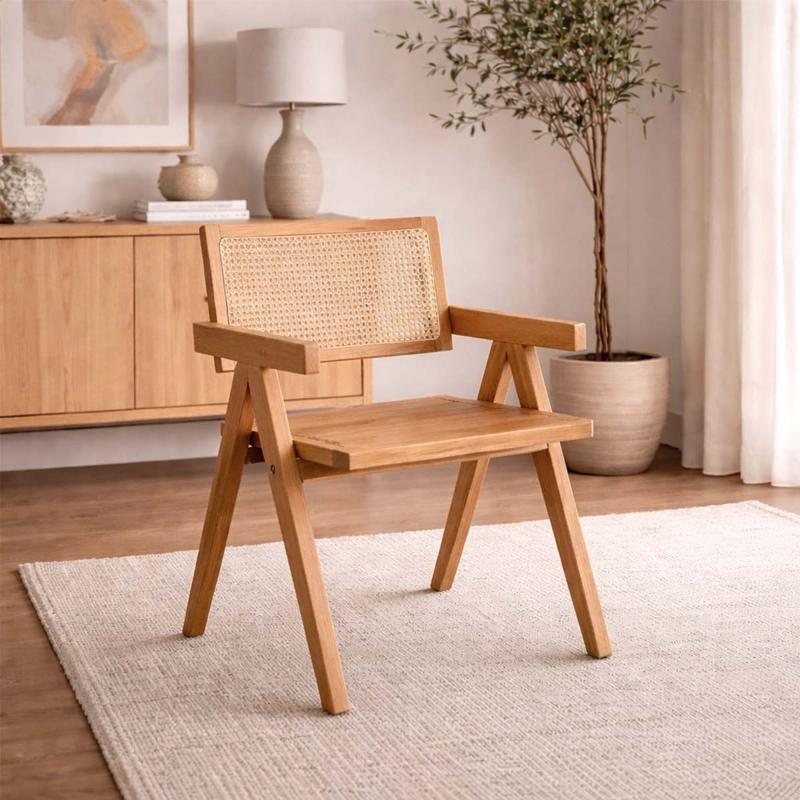 SILLA AURORA PLUS CON APOYABRAZOS EN MADERA DE FRESNO NATURAL Y RESPALDO DE RATAN - 1
