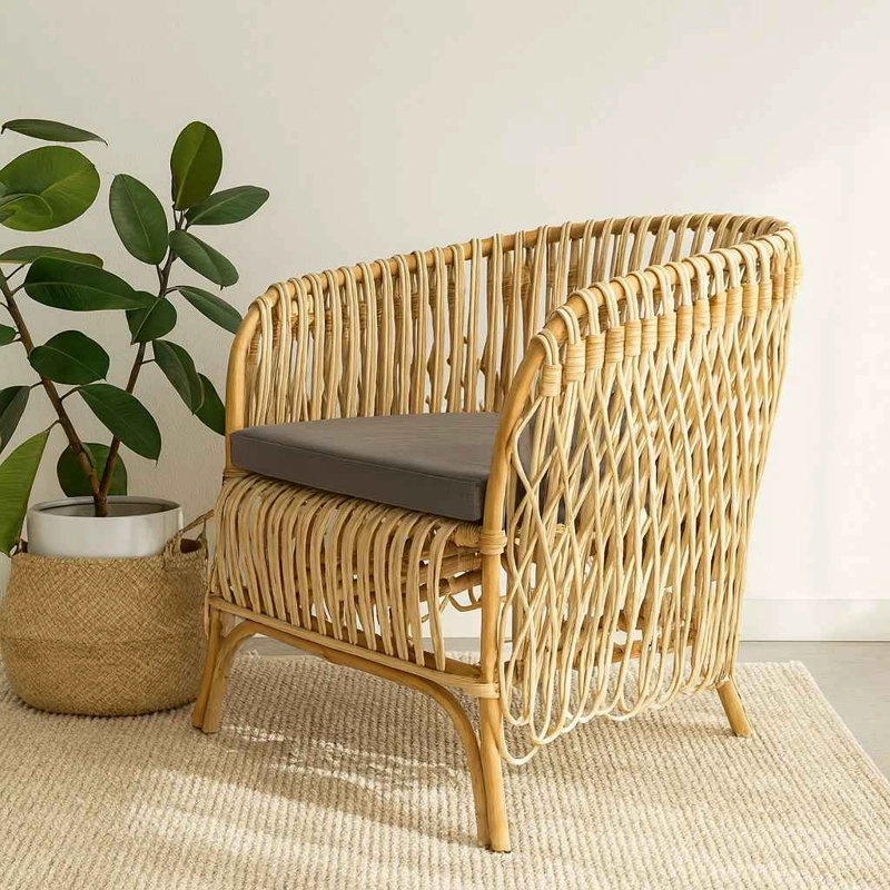 SITIAL NUZI DE RATTAN NATURAL CON COJIN GRIS PARA LIVING Y DORMITORIO - 1