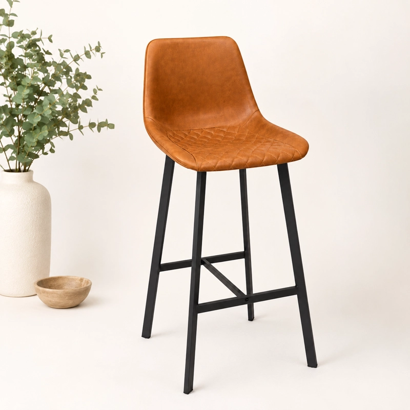 SILLA ALTA DE BAR  BAZUL INDUSTRIAL ECO CUERO CARAMELO BASE METALICA NEGRA 75 CM - 1