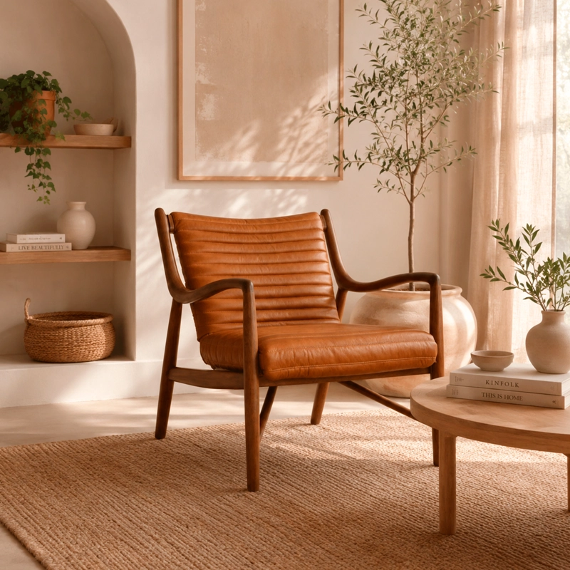POLTRONA ELLIAH MADERA DE FRESNO Y CUERO FULL GRAIN COGNAC 69 × 71 × 83 CM - 1