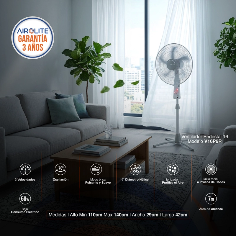 VENTILADOR AIROLITE 50 WATTS PEDESTAL 16' CON CONTROL REMOTO V16P6R - 3