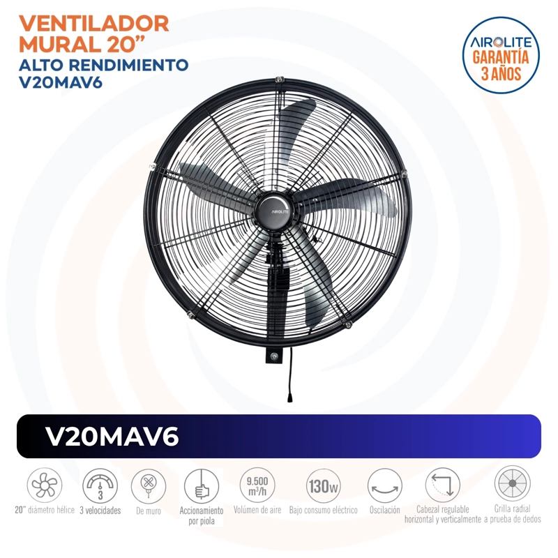 VENTILADOR AIROLITE 130 WATTS MURAL ALTO RENDIMIENTO PIOLA 20 V20MAV6 - 3