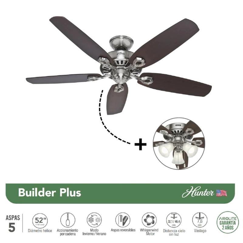 VENTILADOR DE TECHO HUNTER 104 WATTS 52' MOD. BUILDER'S PLUS - 2