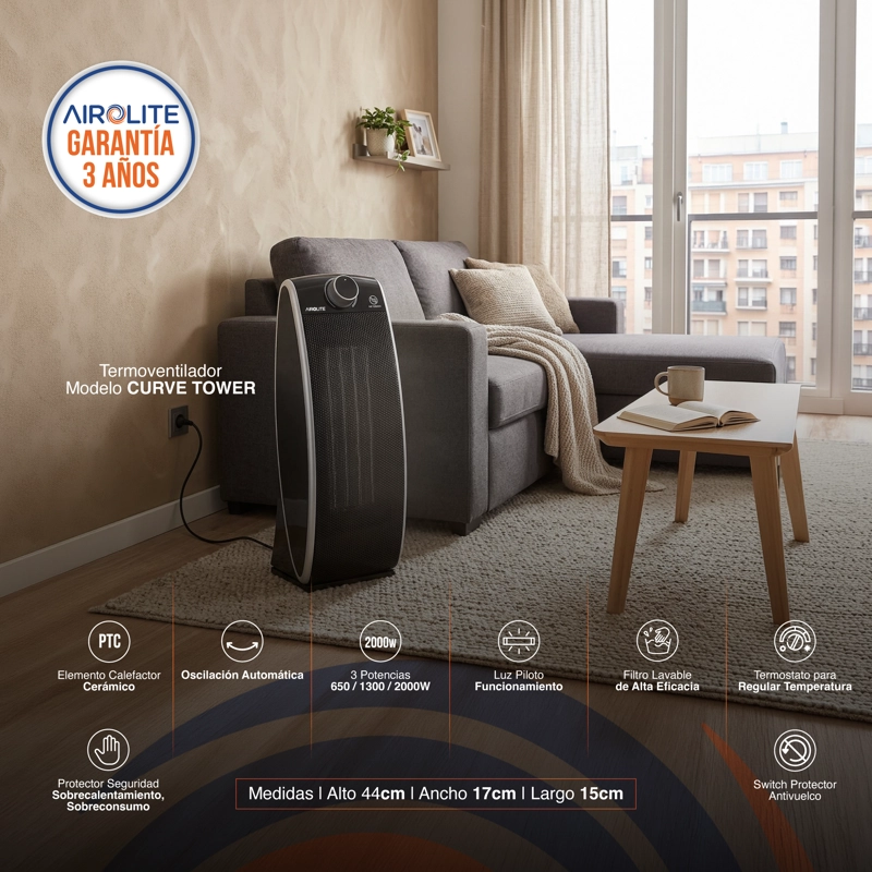 TERMOVENTILADOR AIROLITE 2000 W CERÁMICO OSCILANTE CURVE TOWER - 3