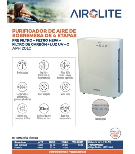 PURIFICADOR DE AIRE AIROLITE SOBREMESA 4 ETAPAS AP-H2010 - 3