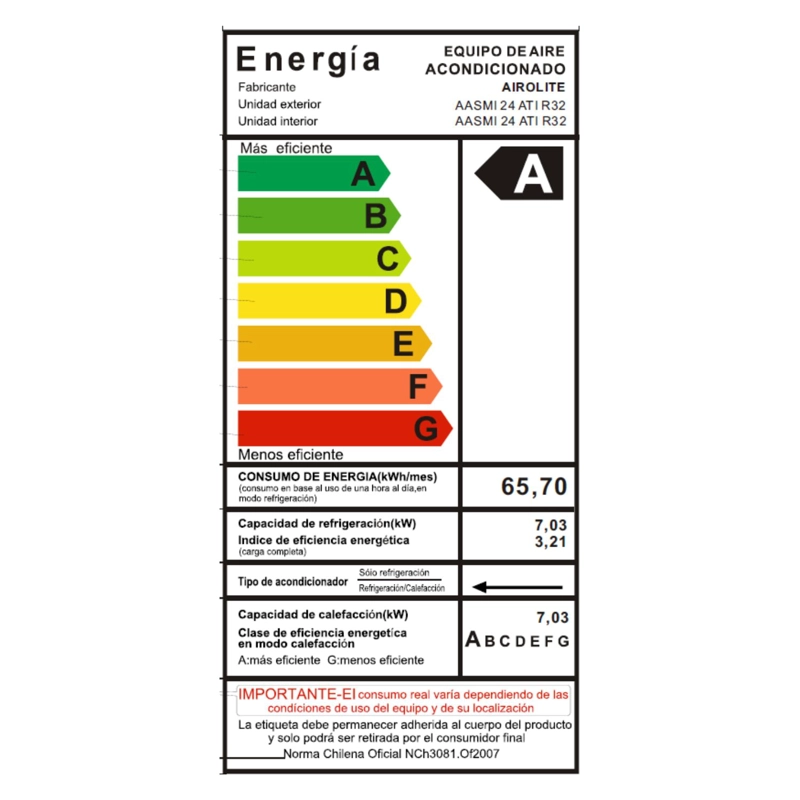 AIRE ACONDICIONADO SPLIT MURO FRIO-CALOR 24000 BTU INV AIROLITE - 3