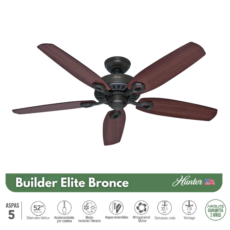 VENTILADOR DE TECHO HUNTER BUILDER ELITE BRONCE ENVEJECIDO 52 - 2