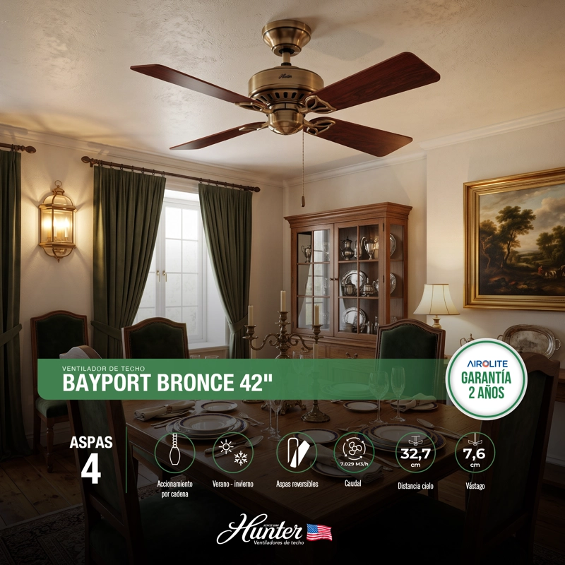 VENTILADOR TECHO HUNTER BAYPORT BRONCE - 2